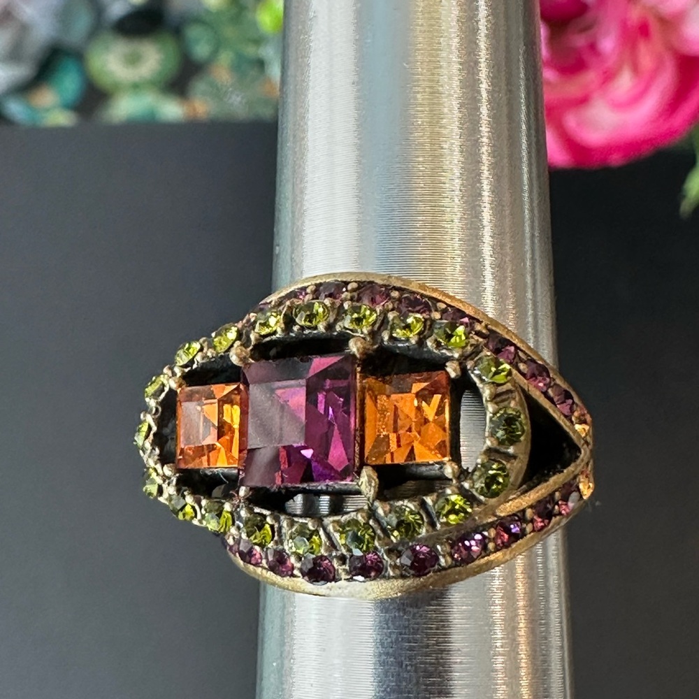 Heidi Daus Ring Size 6 Art Deco Swarovski Crystals Amethyst Peridot Citrine